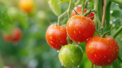 Obraz premium Ripe red tomatoes with glistening water droplets on the vine, representing freshness and organic gardening.