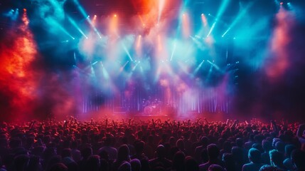 A concert stage with pulsating lights and a sea of ecstatic fans, capturing live music's energy.