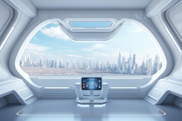 A room with a futuristic design featuring a stunning cityscape in the background, White spaceship interior showcasing a window view overlooking the city, 3D rendering, AI Generated