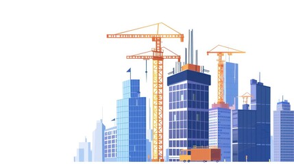 Illustration of a construction site with skyscrapers, highlighting the progress of high-rise office and urban buildings. White background isolation.
