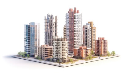 Illustration of a construction site with skyscrapers, highlighting the progress of high-rise office and urban buildings. White background isolation.
