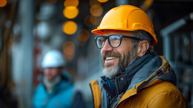 Happy engineers wearing safety hardhat having work conversation on the safety of the structure. Construction site. 