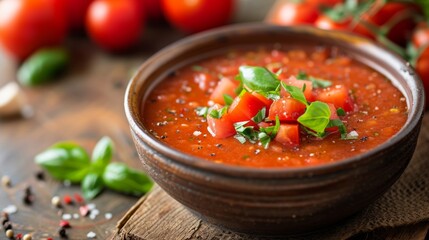 A bowl of vibrant gazpacho, a cold Spanish soup, bursting with the flavors of ripe tomatoes.