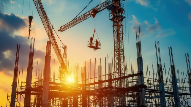 Construction crane positioned on a skyscraper high building project construction site.