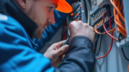 A close-up of an electrician meticulously repairing wiring and electrical equipment.