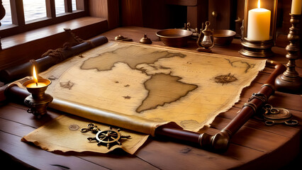 Wooden table topped with large map of the world on top of it.