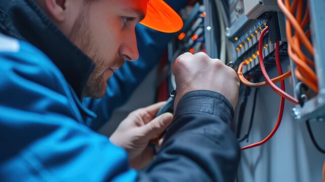A close-up of an electrician meticulously repairing wiring and electrical equipment.