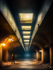 Person is standing in tunnel under street light and looking up at the sky.