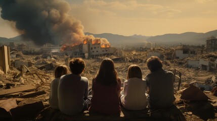 A family watching a city destroyed by an earthquake 
