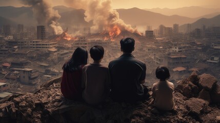 A family watching a city destroyed by an earthquake