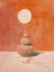 Abstract captivating painting of delicately balanced stacked stones, captured through a masterful blend of art and sketching. Zen, peaceful.
