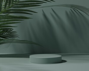 3D sage green podium display with leaf shadow. Copy space green background. Cosmetics or beauty product promotion mockup. Elegant minimal step pedestal. Trendy banner. 3D render illustration.