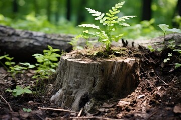 Plant Growing From Tree Stump, Natures Resilience and Renewal, Young tree emerging from old tree stump, AI Generated