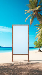 Horizontal mockup wide format blank billboard against bright beach scene, azure ocean, white waves and blue sky with clouds. Advertisements for travel, vacations or luxury goods
