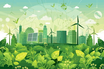 Green Energy Revolution: Transition to Sustainable Power Sources, Vector Illustration of Renewable Energy Systems and Environmental Conservation - obrazy, fototapety, plakaty