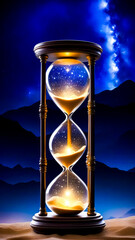 Image of hourglass with stars in the sky and mountains in the background.