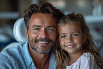 A heartwarming portrait captures the genuine happiness of a man and a girl, their skin glowing and their lips curving into a bright smile as they share a joyful moment indoors