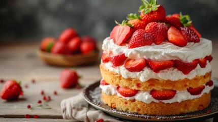 A fluffy strawberry shortcake, layers of sponge cake, fresh strawberries, and whipped cream. - obrazy, fototapety, plakaty