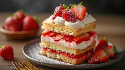 A fluffy strawberry shortcake, layers of sponge cake, fresh strawberries, and whipped cream.