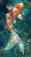 Beautifully rendered oil painting featuring orange and white koi fish.
