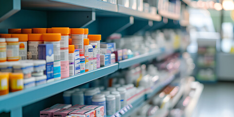 Naklejka premium A shelf in a pharmacy, with various medicines, with an emphasis on packaging in the foreground and a blurred background.