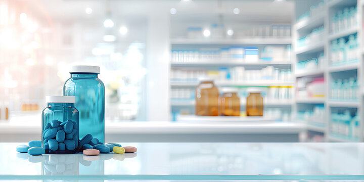 A pharmacy with pills on a blurred background and a place for text.