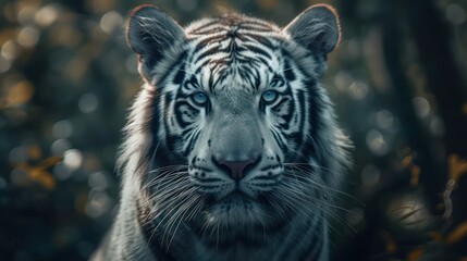 Naklejka premium Stunning close-up of a white tiger in a lush tree jungle, captured in a high-res 8k masterpiece