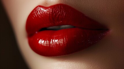  Close-up of glossy lips with a vibrant red lipstick