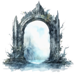 Gothic portal with a Magic landscape. Fantasy dark mood stone gate watercolor illustration. - obrazy, fototapety, plakaty