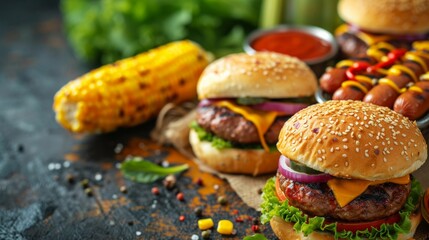 A colorful spread of hamburgers, hot dogs, and corn on the cob on a picnic table.