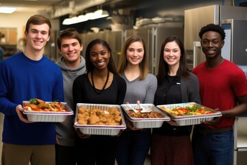 A diverse group of individuals carrying trays filled with a variety of delicious food, Smiling students standing in line holding food trays, AI Generated