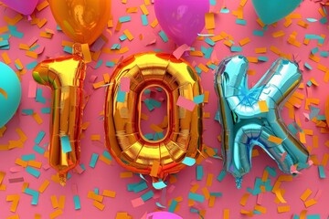 social media concept 10K written in holographic foil balloons on a bold colorful background, confetti, subscribers
