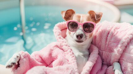A funny dog in a pink bathrobe and glasses lies by the pool in the sun, enjoying a vacation. - obrazy, fototapety, plakaty