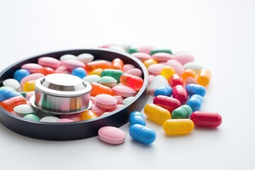 Colorful Pills in Bowl Alongside Stethoscope for Medical Examination, Stethoscope with pile of colorful antibiotic capsule pills on white table with drug tray, AI Generated