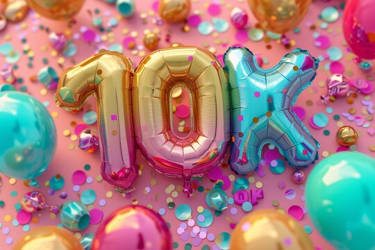 social media concept 10K written in holographic foil balloons on a bold colorful background, confetti, subscribers