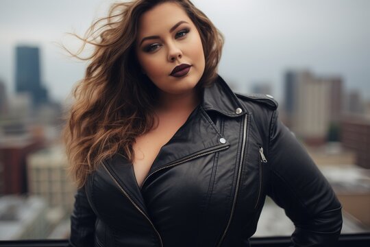 A stylish woman wearing a black leather jacket strikes a pose for a photo, Stylish plus size women in a black leather jacket against a blurry city background, AI Generated