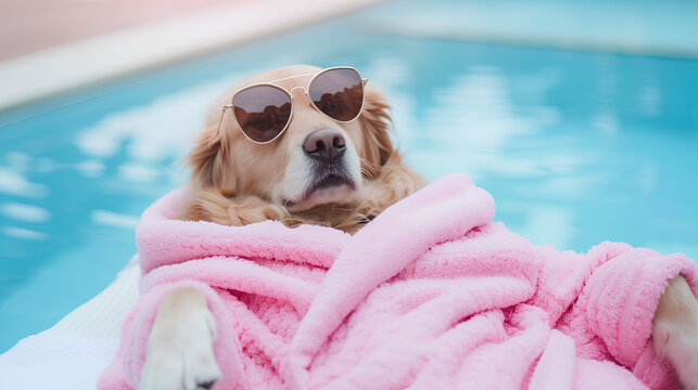 A funny dog in a pink bathrobe and glasses lies by the pool in the sun, enjoying a vacation.