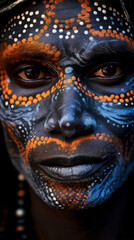 A tense portrait of an indigenous African man with traditional red and white patterned and painted face, looking directly into the camera. Preserving culture and identity