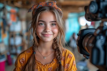 Fototapeta premium A young woman exudes joy and confidence as she smiles brightly at the camera, showcasing her fashionable dress and accessories while her hair dances in the wind