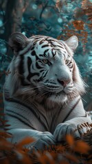 Naklejka premium Stunning close-up of a white tiger in a lush tree jungle, captured in a high-res 8k masterpiece