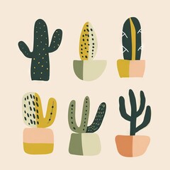 small clipart set of 6 simple abstract cactus, non uniform shapes, petrol green, light green, brick color and mustard, in the style of minimalist graphic designer, pencil strokes