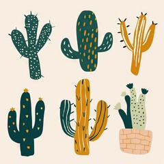 small clipart set of 6 simple abstract cactus, non uniform shapes, petrol green, light green, brick color and mustard, in the style of minimalist graphic designer, pencil strokes