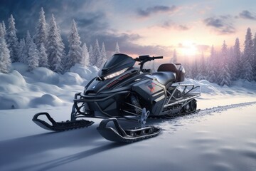 A snowmobile rests in the center of a wintry terrain, surrounded by a pristine blanket of snow, The snowmobile on a beautiful winter landscape, AI Generated