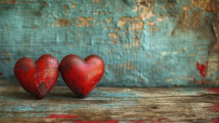 Na drewnianym stole znajdują się dwa czerwone serca, symbolizujące temat walentynkowy i miłość oraz romans. - obrazy, fototapety, plakaty