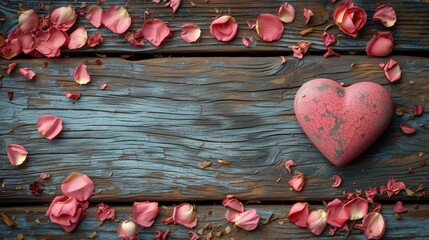 Płasko leżące serce i płatki różowych róz tworzące ramkę valentynkową na starych belkach drewnianych ze zdrapana jasno błękitną farbą - obrazy, fototapety, plakaty