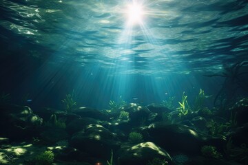 Fototapeta na wymiar Underwater View of Rocks and Plants in a Natural Water Environment, Underwater sunlight through the water surface seen from a rocky seabed with algae, AI Generated