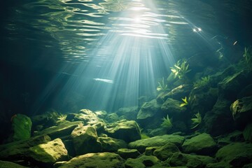 Fototapeta na wymiar Sunlight Illuminating Water in Cave, Natural Wonder and Serene Beauty, Underwater sunlight through the water surface seen from a rocky seabed with algae, AI Generated