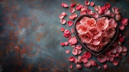Na zdjęciu widać pudełko w kształcie serca, które jest wypełnione różowymi różami, symbolizującymi temat walentynkowy i miłość. - obrazy, fototapety, plakaty