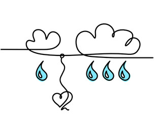 Abstract blue drop with clouds and heart as line drawing on white