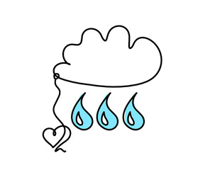 Abstract blue drop with clouds and heart as line drawing on white